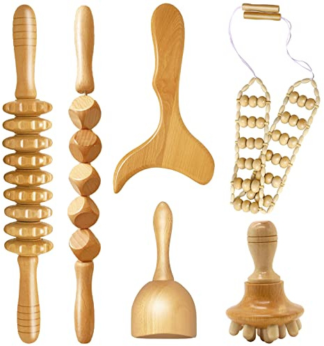 6-i-1 maderoterapia-set, anti-cellulitmassageapparat trä, massagerulle Gua Sha mugg massageset, lymfdränering kroppsform verktygsset, smärtlindring och avkoppling