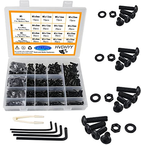 HVDHYY 1180Stück M2 M3 M4 M5 Schrauben Set aus Kohlenstoffstahl Schrauben set Schwarz Maschinenschrauben Schraube Muttern und Unterlegscheiben Sortiment Kit Rundkopf mit Aufbewahrungsbox