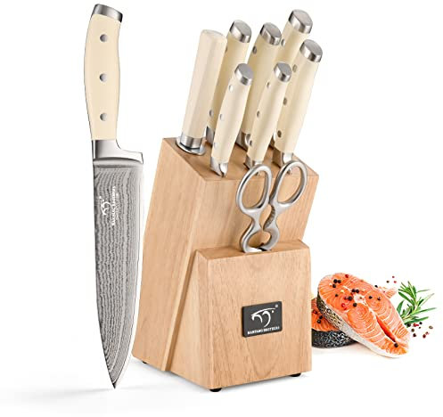 NANFANG BROTHERS Messerset, 9 Teiliges Damast-Küchenmesser-Set Mit Block, Rutschfester ABS-Griff Für Kochmesser-Set, Messerschärfer und Schere, Weiß