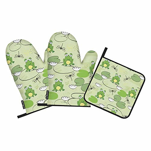 Samgula Lot de 3 gants de cuisine et maniques en forme de grenouille - Motif libellule et feuille de lotus - Résistants à la chaleur - Pour la cuisson au barbecue