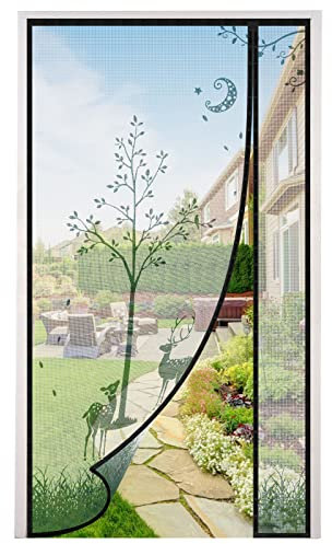 Fliegengitter Balkontür 110x220cm, Rechten &Linken Öffnungs Fliegengitter Tür Magnet,Vorder- und Rückseite sind universal Insektenschutz Balkontür,Kein Bohren,Elch-Motiv+Schwarzer Rand