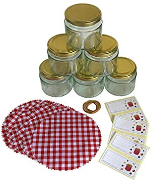 6 pack of Glass Jam Jars with Lids and Doilies, Lables and Rubber bands | 200ml Jars | Airtight for Jams, Preserves, Confits & more | Set of 6 jars | Red Gingham Doilies plus rubber bands plus lables