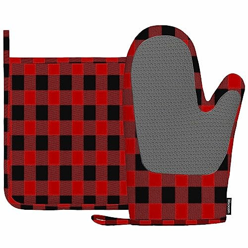 Mxocom Ofenhandschuhe und Topflappen aus Silikon, Gingham-Muster, schottisches rot-schwarzes Büffelkaro kariert, Gitter-Grillhandschuhe für Küche, Kochen, Backen, Grillen