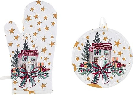 Blanc Mariclò Set da Cucina Natalizio guantone e presina in Cotone con Stelle Un Natale Italiano 18x32 cm - 20x20 cm
