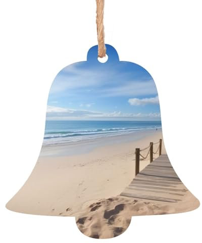 Strand Landschaft Holz Weihnachtsglocke Form Ornamente Holz Weihnachtsbaum Hängende Dekoration Weihnachtsbaum Ornamente mit Seilen für Weihnachten Urlaub Dekorationen