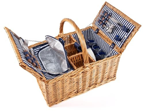 Two Lids Wicker Picnic Basket Set For 4 With High Handles/Insulated Cooler Compartment/Drink Section/Cutlery Set/Plates