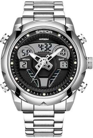 RORIOS Reloj Digital para Hombre Reloj Militares 50m Impermeable Reloj de Pulsera Electrónicos Analógico Cuarzo Relojes Multifuncional Acero Inoxidable Plata A