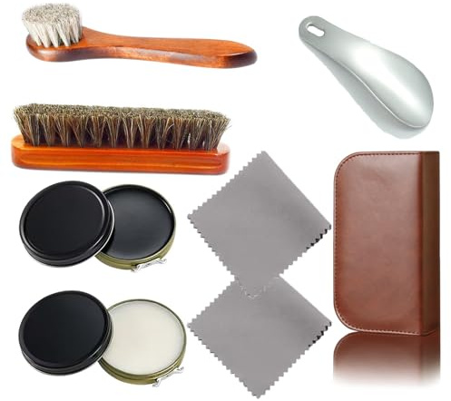 Nuoyunova Complete Shoe Care Kit with Black and White Shoe Polish - Perfect for Home and Travel Use - Includes Brushes, Polishes, Cloths, Horn, and Leather Box - Ideal Gift for Leather Shoe Lovers
