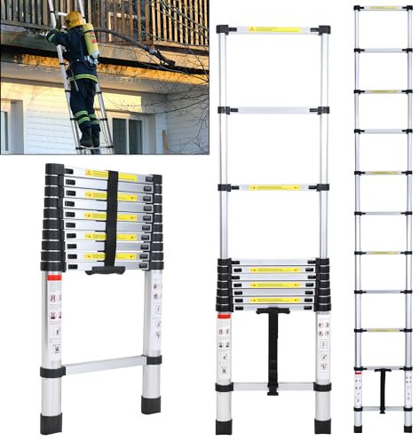 Fiqops 3,2 M Teleskopleiter, Rutschfester Aluminium Stehleiter 150 kg/330 Pfund, Belastbarkeit Ausziehbare Leiter, Aluminiumleiter mit Tragegriff
