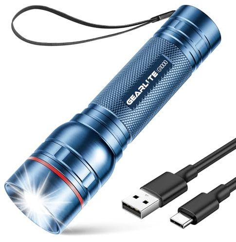 GEARLITE Torcia LED Ricaricabile, Zoomabile Mini Torcia LED Potente Professionale con 3 Modalità, IP67 Impermeabile Torce Lunga Distanza Portatile da Campeggio Pesca Trekking Emergenza (Blu)