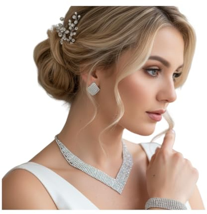 ONDEGO® XXL Schmuckset Damen Silber – 3-teiliges Strass Collier Halskette Ohrringe & Armband – Glitzertraum Brautschmuck für Hochzeit Abiball Jugendweihe Kommunion Ball