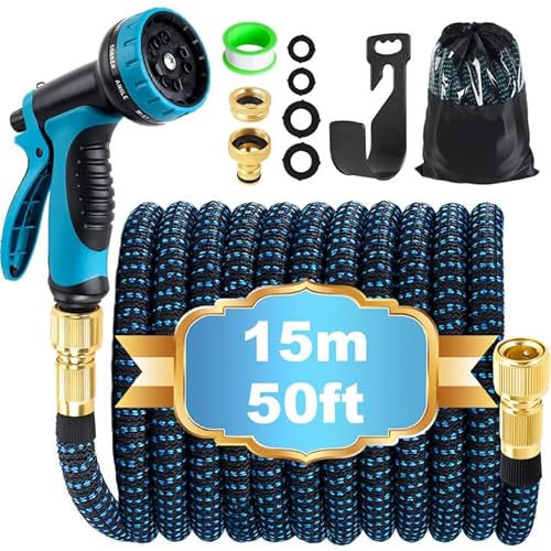 Expandable Garden Hose Pipe 15m 50ft, Hosepipes for Garden Expanding Water Hose with 10 Function Spray Gun, 3/4 1/2 Connectors, Retractable Flexible Magic Hoses for Gardening Car Washing