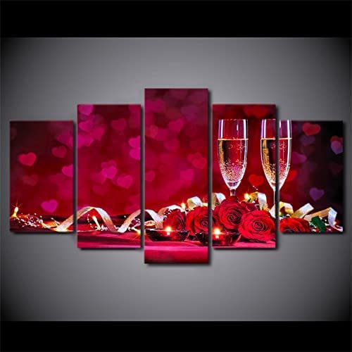 Leinwand Bilder Leinwandbilder Romantisches Abendessen Rote Rosen 150 X 80 Cm / 59,05 X 39,37 Zoll Hd Poster 5 Teilig Wohnzimmer Wandbilder Gemälde Wohndekorationen Wanddekoration Geschenk -4V9F+U0N9-
