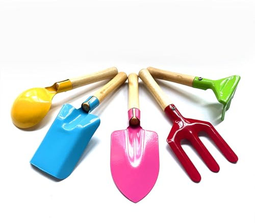 KY-Tech Kids Gardening Tool Set 5 Piece Childrens Gardening Set 8 Kids Garden Tools Made of Metal with Sturdy Wooden Handle Gardening Spoon, Fork, Trowel, Rake & Shovel for Kids