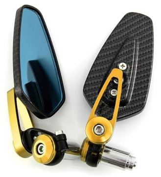 7/8'' Motorcycle End Bar Mirror 22mm Rearview Mirror Universal Motorbike Side Mirror (Carbon Yellow mirror -Blue Lens)