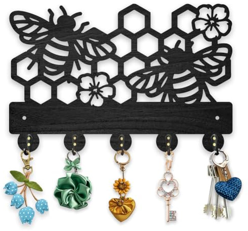 MAYJOYDIY Porte Clés Mural en Bois avec Fleurs D'Abeilles 30x20cm Organisateur de Porte en Forme D'Insecte Porte Clés Noir pour Mur avec 5 crochet en Alliage pour Porte D'Entrée Couloir Organisateur