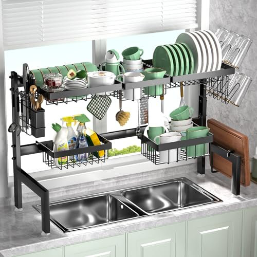 Gemsaya Escurreplatos de 3 niveles, escurridor de platos extensible (26-33.5 pulgadas), escurridor de platos de acero para colocar sobre el fregadero con 4 cestas, 5 ganchos, soportes para cubiertos,