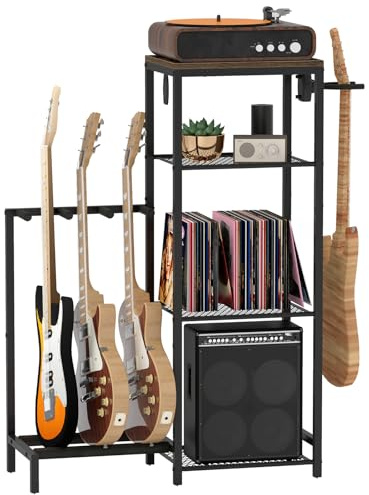 YAGEANNL Multi Guitar Stand Rack, Guitar Stand with 4 Holder Position for Acoustic, Electric Guitar, Bass, Guitar Rack for Multiple Guitars with 4 Tier Storage Shelves for Guitar Amp Accessories