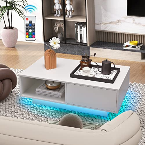 COSTWAY Table Basse Laquée LED 20 Couleurs, Blanche avec Grand Tiroir et Compartiment, 5 Lumiosités Télécommandées, Moderne pour Salon, Bureau, Salle, 95 x 55 x 31 cm (Blanc)