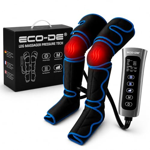 ECODE® Pressothérapie Lymphodrainage Massageur Jambes & Pieds, Bottes de Compression Air avec Chaleur et Vibration, pour Circulation Sanguine, Varices, Rétention d’Eau, Jambes Lourdes et Gonflées