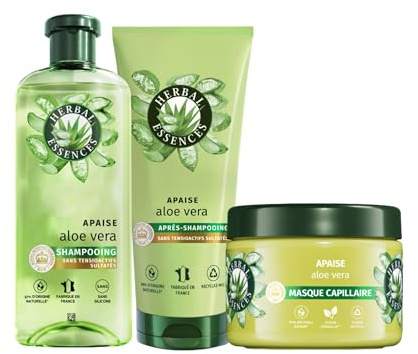 HERBAL ESSENCES - Sans Sulfate - Shampoing 250ml + Après-Shampoing 200 ml + Masque 500ml Aloe Vera - Apaise, Hydrate, Nettoie et Nourrit Les Cheveux Très Secs - Parfum Jasmin