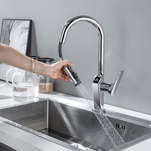 Grifo de Cocina 3 Vías Extensible con Indicador Temperatura LED,Cromado | Grifo Osmosis 3 vias LakeBayMZC, Grifo Monomando para Fregadero, Giratorio 360°, Acero Inoxidable 304 para Cocina, Baño Bar
