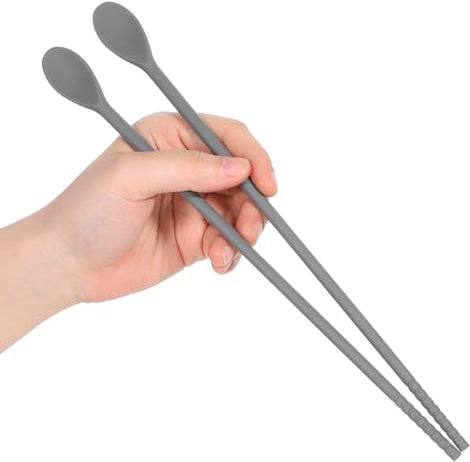 1 Pair Silicone Cooking Chopsticks with Spoon, Long 11 Inch Reusable Chopsticks for Cooking, Korea Kitchen Utensils, Heat Resistant, Non-Scratch, Gentle on Cookware, Grey
