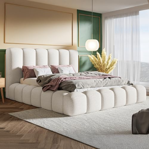 MOTIVENA Crudo Bubble Bett 180x200 Weiß Boucle, mit Stauraum, mit Kopfteil, mit Lattenrost, ohne Füße, ohne Matratze, Bubble Polsterbett 180x200 mit Bettkasten Weiß (Milch)