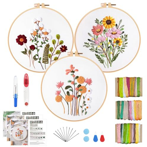 GOTDYBST Kit per Ricamo Principianti con Motivo Floreale: Kit per Ricamo per Adulti - Con 1 Telaio per Ricamo in Bambù, Istruzioni e Strumenti, Set per Ricamo per Arti e Mestieri Fai da Te