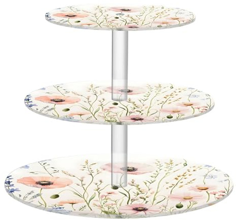Blueangle 3-Tier Round Cupcake Stand – Herbs and Wild Flowers Floral Acrylic Dessert Tower, Non-Slip Tiered Dessert Stand for Baby Shower, Birthday, Wedding Party （523）