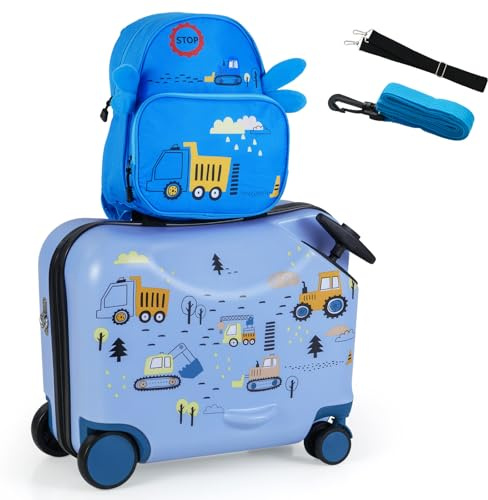 GOPLUS Valise Enfant Fille Garçon, Valise Enfant à roulettes 18 & Sac à Dos 12, Bagage Voyage d'Assise avec Repose-Pieds, Surface Étanche, Poignée Réglable, Charge 50/8KG (12+18 à Monter,Voiture)