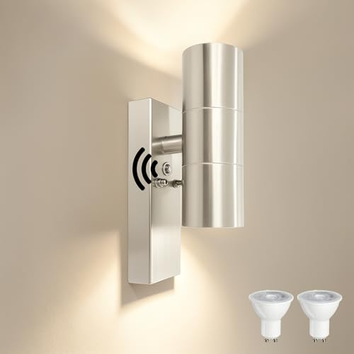 JNR Außenlampe mit Dämmerungssensor, Edelstahl Aussenleuchte, Silber | Edelstahl, IP54 Wasserdichte LED Aussenlampe mit Lichtsensor Außen inkl. 2x 5W GU10 3000K Warmweiß Glühbirne