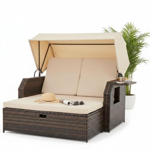 Mucola Strandkorb Sonnenbett Polyrattan mit Dach 2-Sitzer Braun Beige | Rückenlehne verstellbar, ausziehbare Fußbank, klappbare Seitentische, UV-beständig, wetterfest, waschbare Kissenbezüge