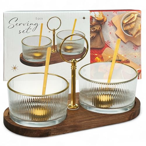 MIJOMA Servierset 5-teilig – 2 gerippte Glasschalen mit Goldrand & Löffeln auf Akazienholztablett mit Tragegriff – Edles Snack- & Dipset für besondere Anlässe