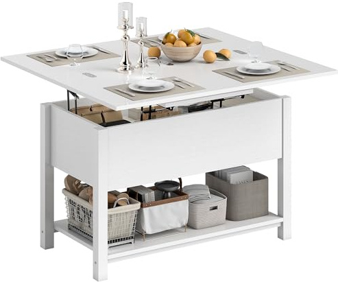 HOMCOM Table Basse relevable et Extensible, Table de Salon avec Plateau Pliant, Compartiment caché et étagère Ouverte, Style Moderne, pour Salon, Bureau, Manger, 100 x 45 x 50,5 cm, Blanc