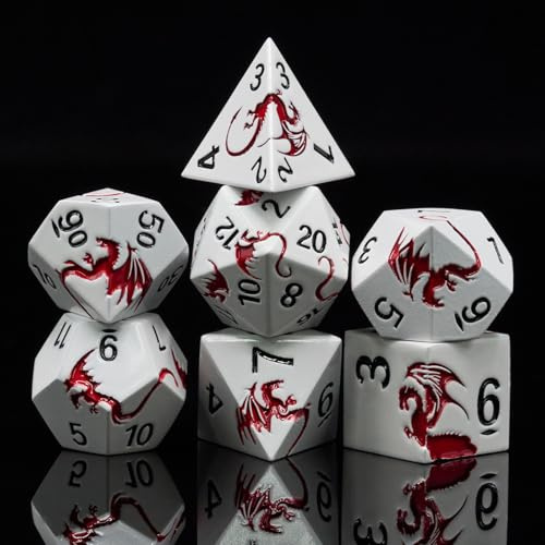 Metall Würfel Set–Drachen Design,7 polyedrische Rollenspiel Würfel D4 D6 D8 D10 D12 D20 D00 für TTRPG (Perlmuttweiß Rot-Drache)