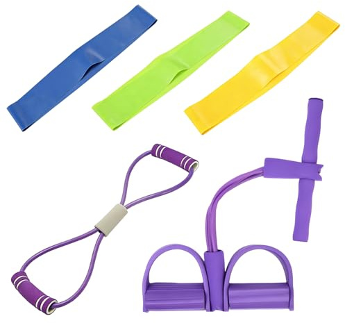 Zugband mit Fußpedalen, 5 Stück Pedal Widerstandsband Set mit 8-Förmiges Widerstandsbändern Und Fitnessbändern 3 Telastische Bänder, Rückentrainer für Zuhause Sit-Ups Bauch Rücken Training