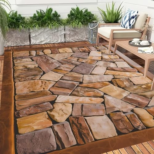 ZIBENE Camping Patrón de Piedra,Alfombra de Exterior para Patios, Impermeable, Alfombra de jardín, Alfombra Tejida de plástico Antideslizante, no se decolora, para Caravana, terraza.[100X160CM]