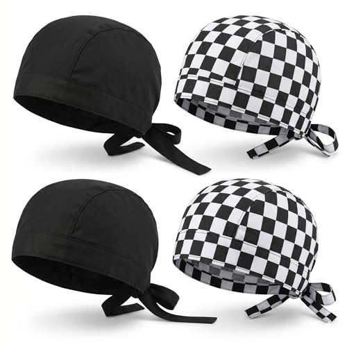 VertexOval Lot de 4 Chapeau Cuisinier Bandana (2 Noirs + 2 Carreaux), Toque Pirate Cuisine en Polyester Respirant, Bonnet Chef Réglable à Nouer pour Homme Femme, Restauration et Boulangerie