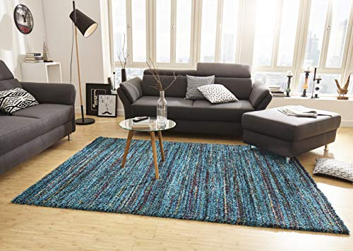 Mint Rugs Chic Teppich Hochflor Wohnzimmer-Teppich Weich Flauschig Langflor Shaggy Flokati Boho Streifen-Design Meliert für Kinderzimmer Schlafzimmer Küche Flur Blau 80x150 cm