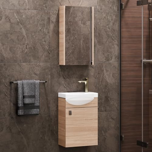 Planetmöbel Badmöbel Set Waschtisch mit Unterschrank | 40 x 60 x 29 cm, Spiegelschrank 40 cm für Badezimmer, Gäste WC & Bad, Sonoma Eiche