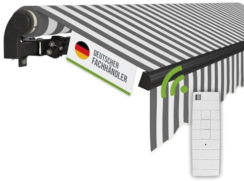 empasa Elektrische Gelenkarmmarkise 'Start Plus' Markise Sonnenmarkise | Sonnenschutz, komplett vormontiert, Verschiedene Größen und Farben, Farbe:weiß/anthrazit gestreift, Größe:350 x 250 cm