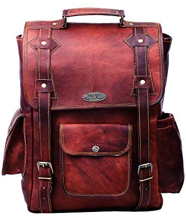 HULSH Handgefertigter 40,6 cm großer brauner Leder-Rucksack für Herren im Vintage-Stil, einfach zu öffnen, mit Push-Lock-Verschluss Damen und | Laptop-Rucksack aus Leder gepolstertem Laptopfach