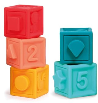 LUDI - Cubes Emboîtables - Jouets d’Éveil - 5 Pièces Encastrables - Jeu d’Empilement et de Construction en Plastique Souple - Développement Motricité Fine - À Partir de 10 Mois