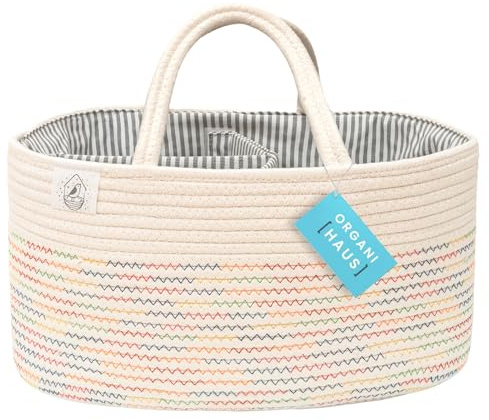 OrganiHaus Nursery Storage Basket, Cotton Rope Toy, Foldable Design, Machine Washable, Ideal for Baby Room & Laundry - Stitches Rainbow