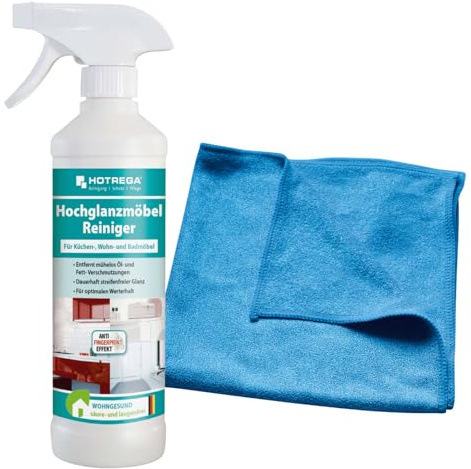 HOTREGA Küchenfronten-Reiniger Hochglanz 500 ml | Streifenfrei & pH-neutral | Für lackierte, foliert, glänzende Flächen | inkl. Microfasertuch