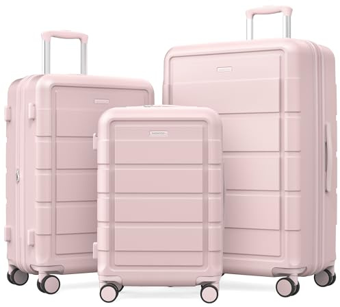 SHOWKOO Luggage Set 3 Piece 100% PC Hardshell Expandable Suitcase, Pink