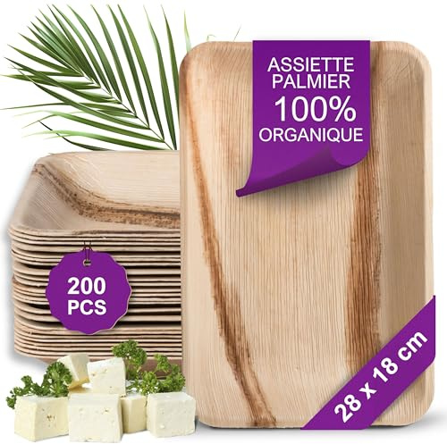 Waipur Bio Palmblatt Geschirr - 200 Teller Rechteckig 28x18 cm - Premium Einwegteller kompostierbar - Umweltfreundliches Partygeschirr ähnl. Einweg Bambusteller