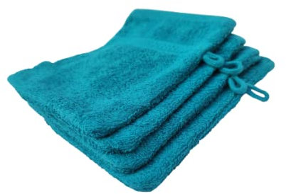 Merkanta 4er Set Waschhandschuhe Petrol 100% Baumwolle Waschlappen Größe 16x21cm Frottee kuschelweich, saugstark, voluminös - praktisch durch Schlaufe