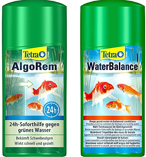 Tetra Pond AlgoRem - 24-Stunden-Soforthilfe gegen grünes Wasser im Gartenteich, 500 ml Flasche & Pond WaterBalance Wasserpflegemittel - schafft ideale und stabile Wasserwerte im Teich, 500 ml Flasche